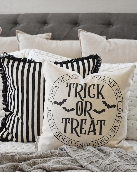 Trick or Treat Pillow Cover | Halloween Throw Pillow with Bats | Rustic Farmhouse Halloween Cushion | Spooky Fall Home Decor