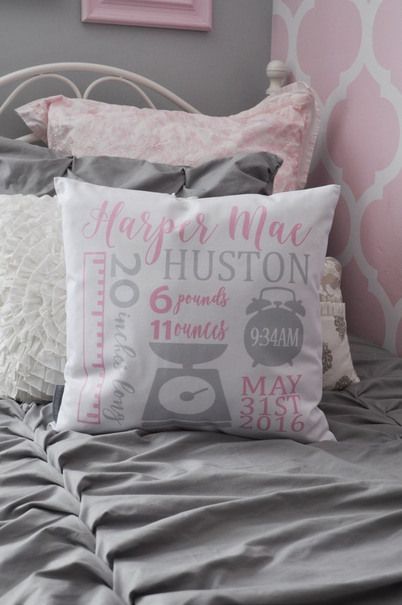 Personalized birth pillow cover, birth Announcement pillow cover, birth pillow cover, baby girl birth pillow, pink and grey pillow, 18x18