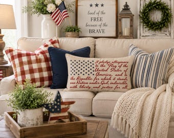 Americana Pillow Cover: Patriotic USA Flag, 'Pledge of Allegiance' Design