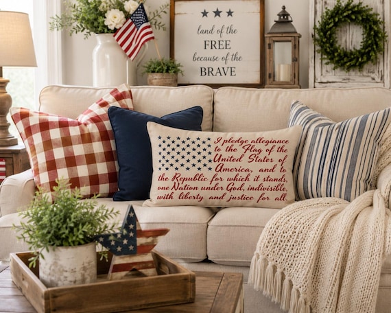 Americana Pillow Cover: Patriotic USA Flag, 'Pledge of Allegiance' Design