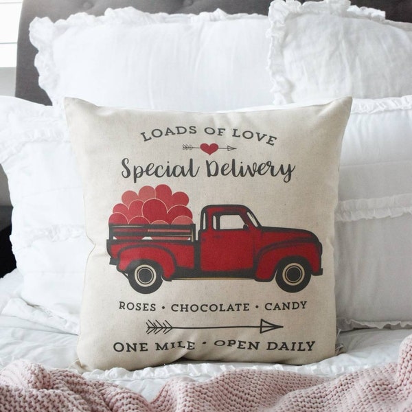 SALE, Valentines Pillow Cover, Valentines Decoration, valentines truck, truck pillow, vintage valentines, valentines treats