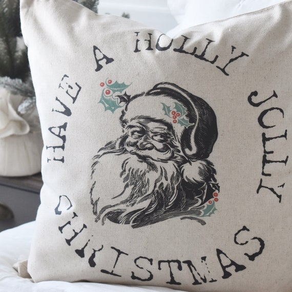 Christmas pillow cover, Holly jolly, Christmas decor, vintage Santa