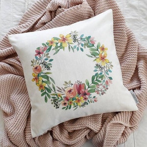 Housse de coussin couronne de fleurs : décoration de Pâques joyeux printemps (18 x 18)