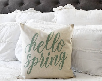 Happy Spring Linen Pillow Cover - Easter Home Decor (18x18)