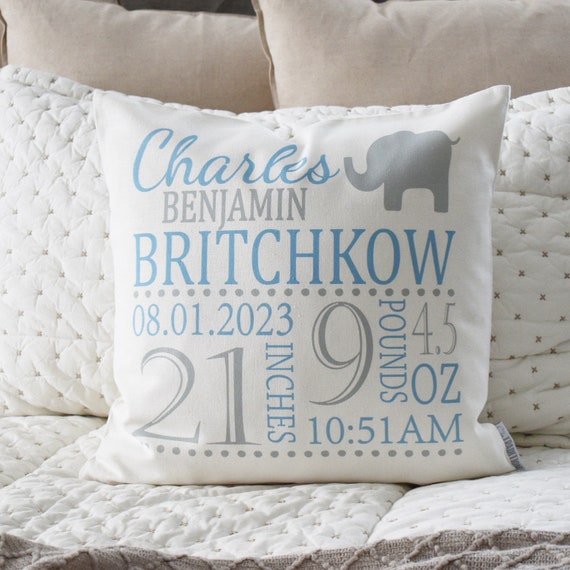 Personalized birth pillow cover, birth Announcement pillow cover, birth stats pillow, baby boy birth pillow, blue and gray