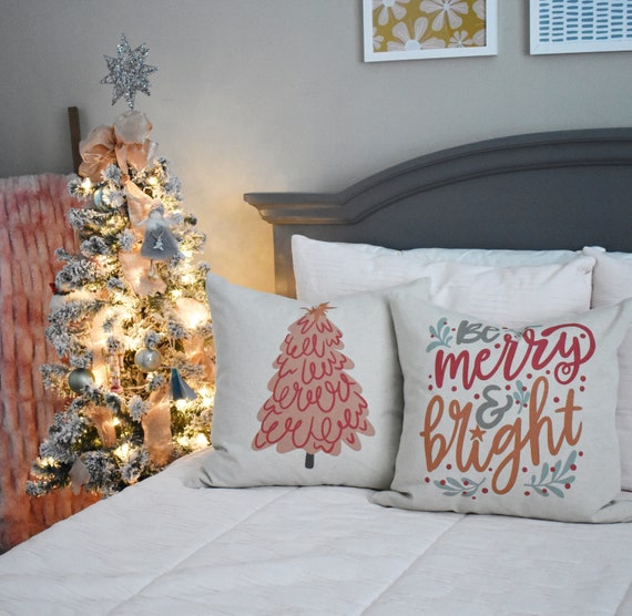 Christmas pillow cover, Pink Christmas Tree,  Be merry and bright, Retro Christmas, Pink Christmas