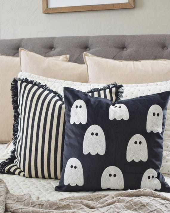 Ghost Throw Pillow Cover – Halloween Decorative Cushion, Black and White Striped Accent, Spooky Cute Fall Home Decor, 18x18