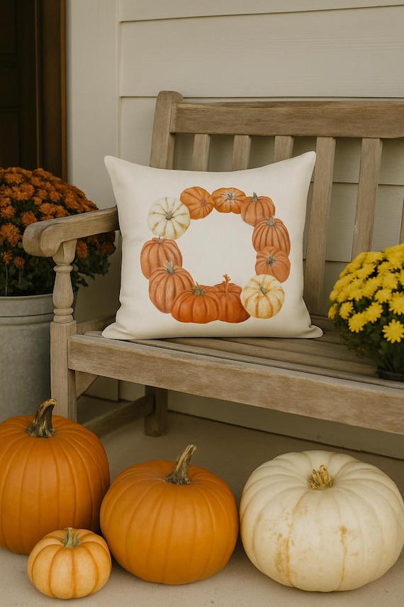 Pumpkin Wreath Pillow Cover – Farmhouse Fall Porch Decor, Rustic Autumn Harvest Throw Pillow, Thanksgiving Cushion Accent, fall pillow cover