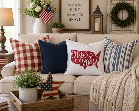 Patriotic Pillow Cover: God Bless America USA Map (18x18)