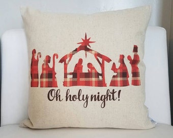 Christmas pillow cover, oh holy night, nativity pillow, Christmas decor, plaid Christmas pillow