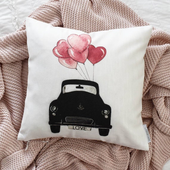 SALE, Valentines Pillow Cover, Valentines Decoration, love bug, vintage car, vintage valentines, 18x18 Pillow Cover