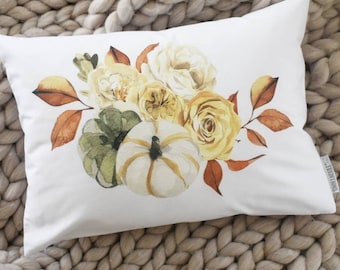 Watercolor Pumpkin Fall Pillow Cover, Autumn Floral Decor (12x20)