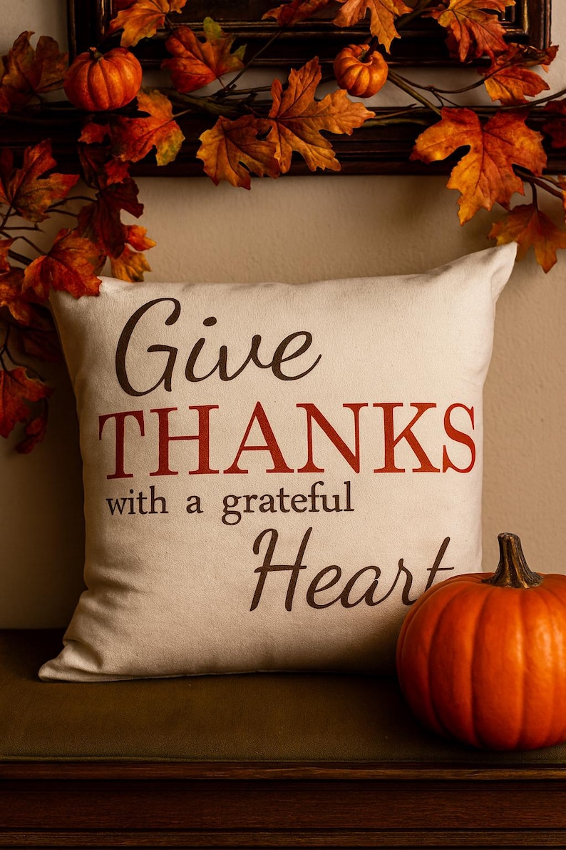 May include: Cream-colored decorative pillow with the words "Give THANKS with a grateful Heart" in brown and red lettering. A small orange pumpkin sits to the right. Autumn leaves and pumpkins decorate the background.