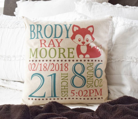 Woodland Nursery, Personalized birth pillow cover, birth Announcement pillow cover, birth pillow cover, FOX Nursery, CUSTOMIZE, 18x18