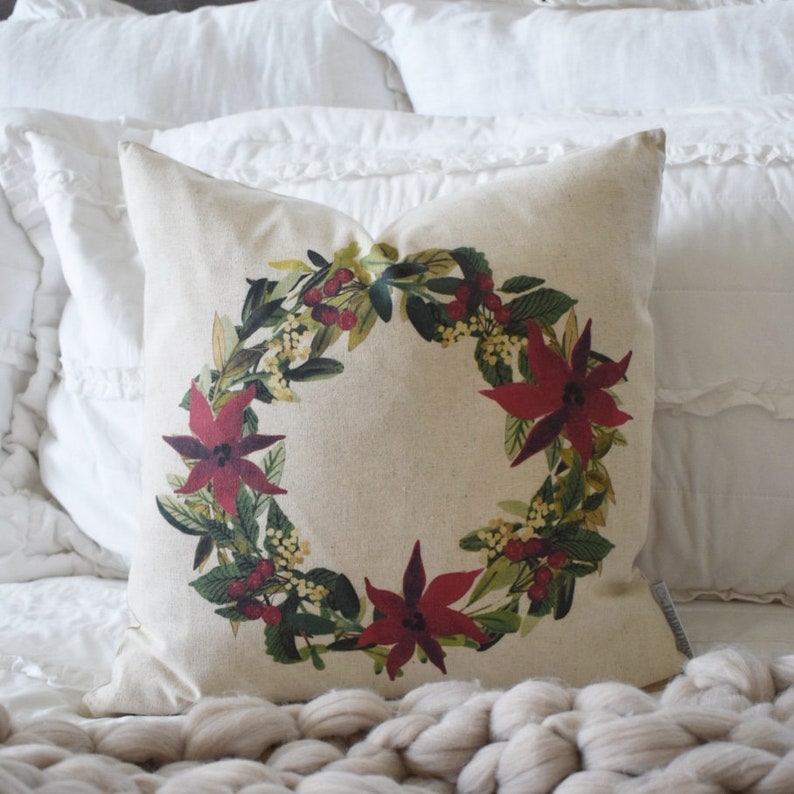 Christmas pillow cover, Christmas decor, Merry Christmas pillow, poinsettia wreath, 18x18 image 1