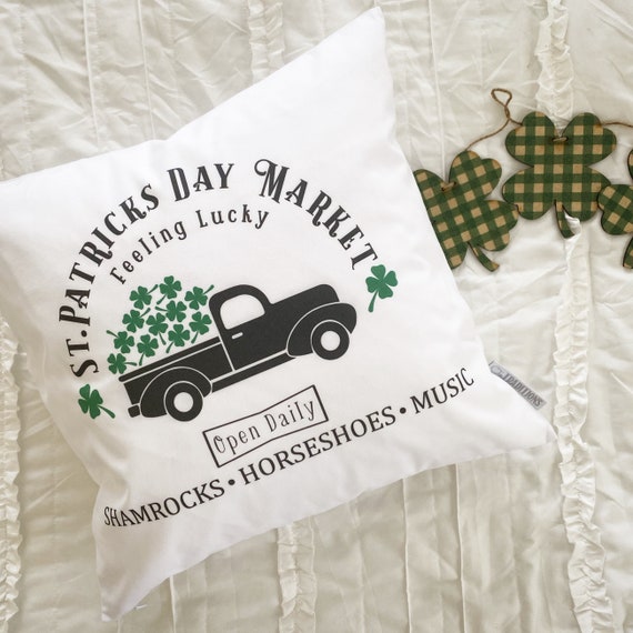 St. Patricks Day Pillow Cover, St. Patricks Pillow, Spring pillow cover, 18x18, Four leaf clover, st. Patrick’s day truck