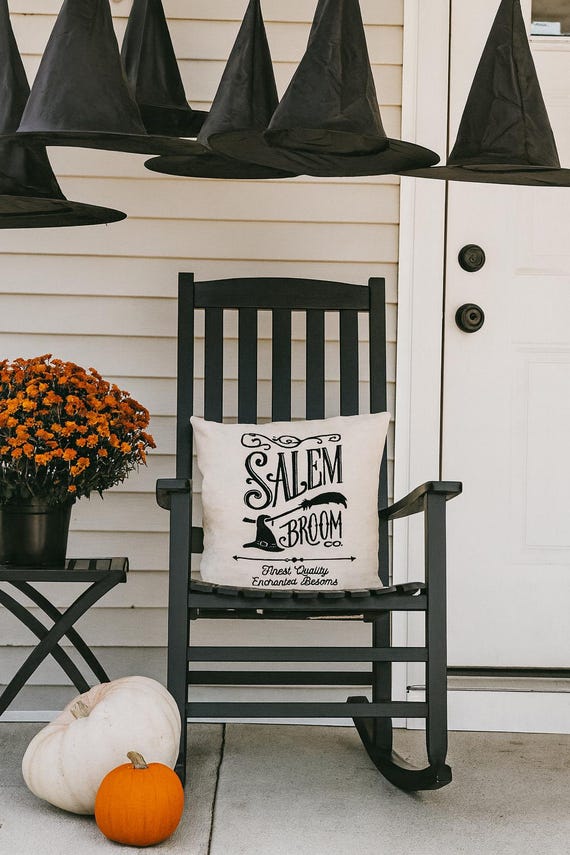 Salem Broom Co Pillow Cover | Vintage Halloween Witch Pillow | Farmhouse Halloween Throw Pillow | Spooky Salem Witch Home Decor