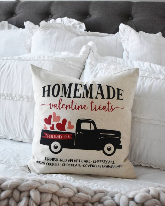 SALE, Valentines Pillow Cover, Valentines Decoration, valentines truck, truck pillow, vintage valentines, valentines treats