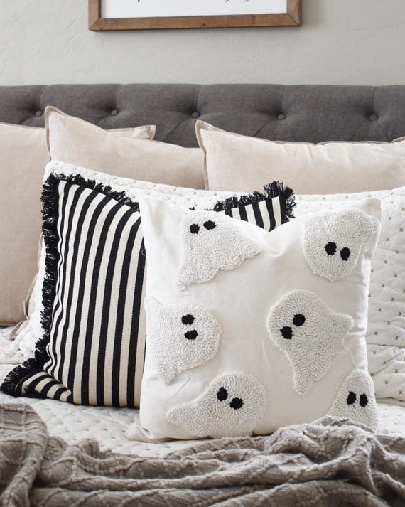 Ghost Throw Pillow Cover – Halloween Decorative Cushion, Black and White Striped Accent, Spooky Cute Fall Home Decor, 18x18
