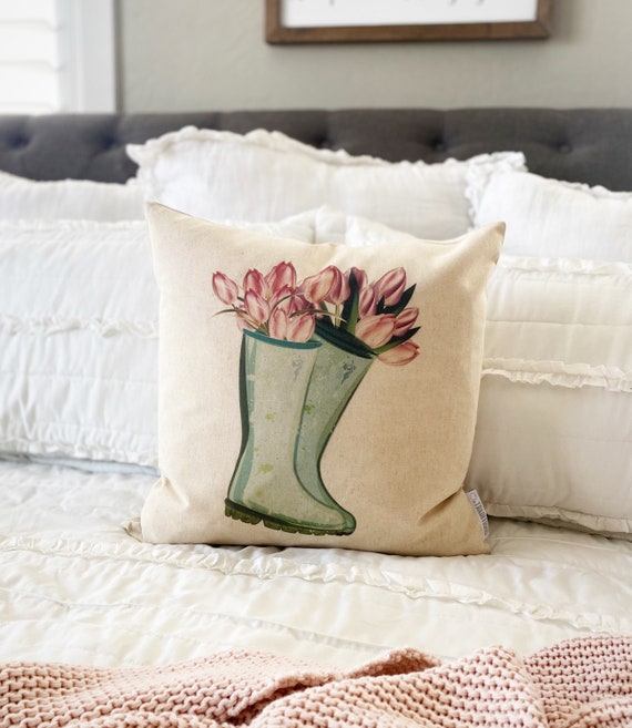 Floral Rain boots, tulip pillow, Spring pillow cover, 18x18, farmhouse spring pillow