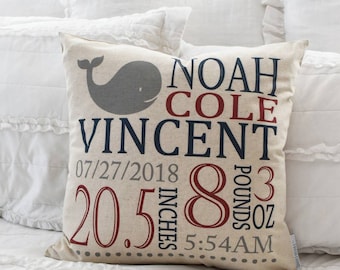 Personalized Whale Birth Announcement Pillow Cover: Nursery Decor