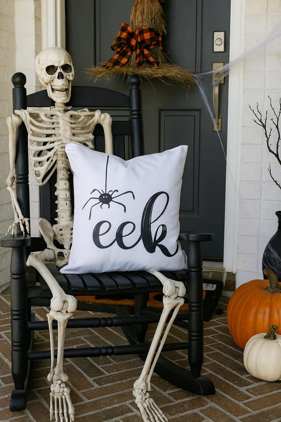 EEK Spider Halloween Pillow Cover – Cute Spooky Throw Pillow, Black and Orange Fall Decorative Cushion, Farmhouse Halloween Home Decor