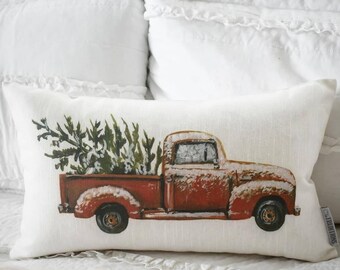 Vintage Red Truck Christmas Pillow Cover, Holiday Decor (12x20)