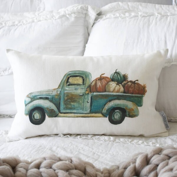 White Vintage Pumpkin Pick up Truck Pillow Cover - Fall / Autumn Pillow Cover - 16