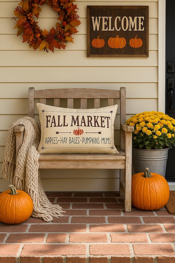 Fall Market Pillow Cover – Farmhouse Autumn Porch Decor, Rustic Harvest Throw Pillow, Pumpkins Hay Bales Mums Cushion, fall pillow cover