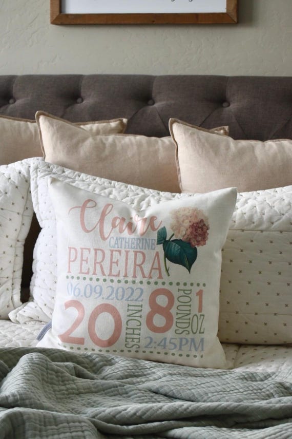 Personalized Birth Announcement Pillow Cover: Floral Nursery Decor