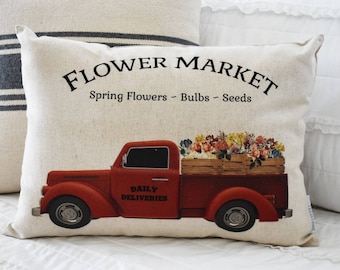 Flower market pillow cover, truck Pillow Cover, Fall pillow cover, 12x20, red truck