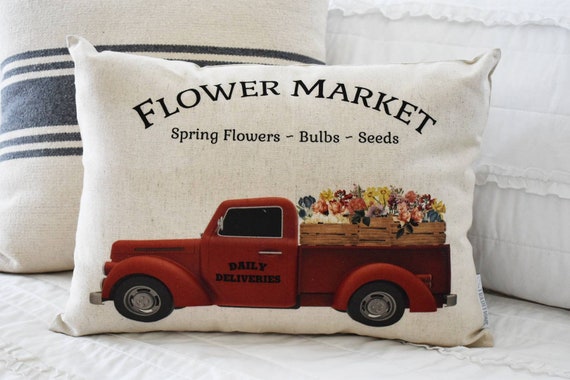 Flower market pillow cover, truck Pillow Cover, Fall pillow cover, 12x20, red truck