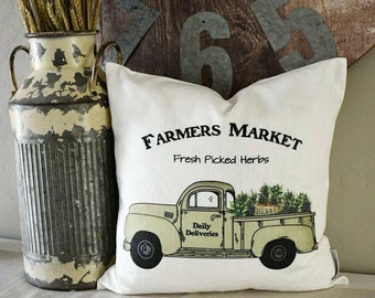 Farmers market pillow cover, truck Pillow Cover, Fall pillow cover, 18x18, red truck