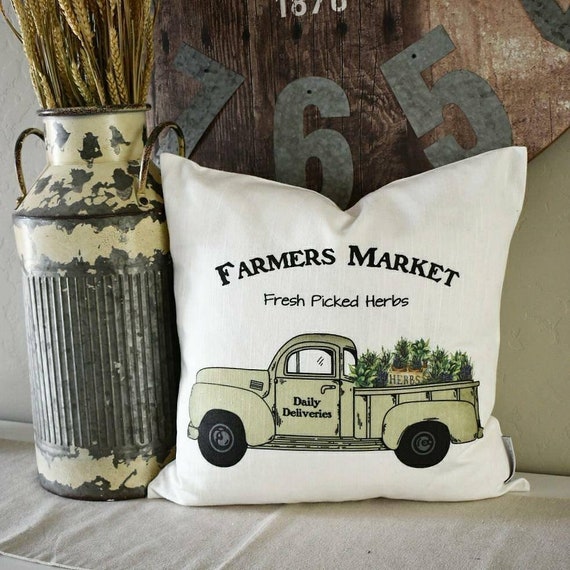 Farmers market pillow cover, truck Pillow Cover, Fall pillow cover, 18x18, red truck