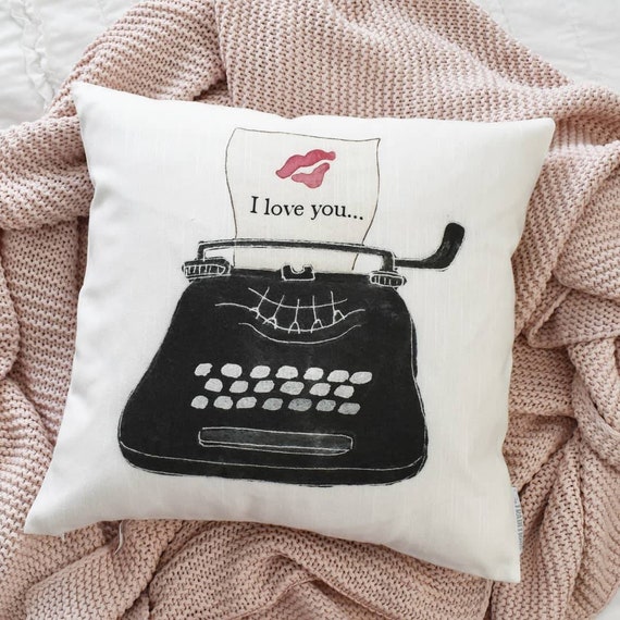 SALE, Valentines Pillow Cover, Valentines Decoration, 18x18 Pillow Cover, i love you, Vintage valentines, typewriter