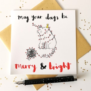Merry and Bright - Christmas Card - Cat Christmas Card - Funny Christmas Card - Unique Christmas Card