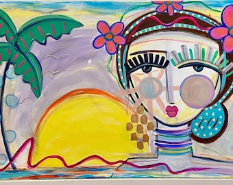 Contemporary Abstract Face Painting on Canvas Original Colorful Faces Bohemian Wall Art Woman on Beach Canvas Art Original Painting Face Art