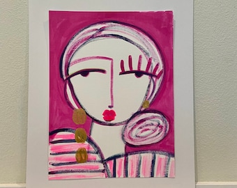 Pink Abstract Face Art Pink Painting Original Art Pink Abstract Face Wall Art Woman Portrait Painting Pink Portrait Wall Art Fashion