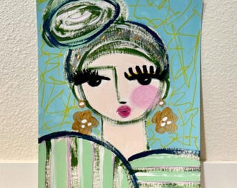 Small Blue Abstract Face Painting Colorful Woman Art Small Abstract Portrait Painting Original Art Small Wall Art Original Painting Face