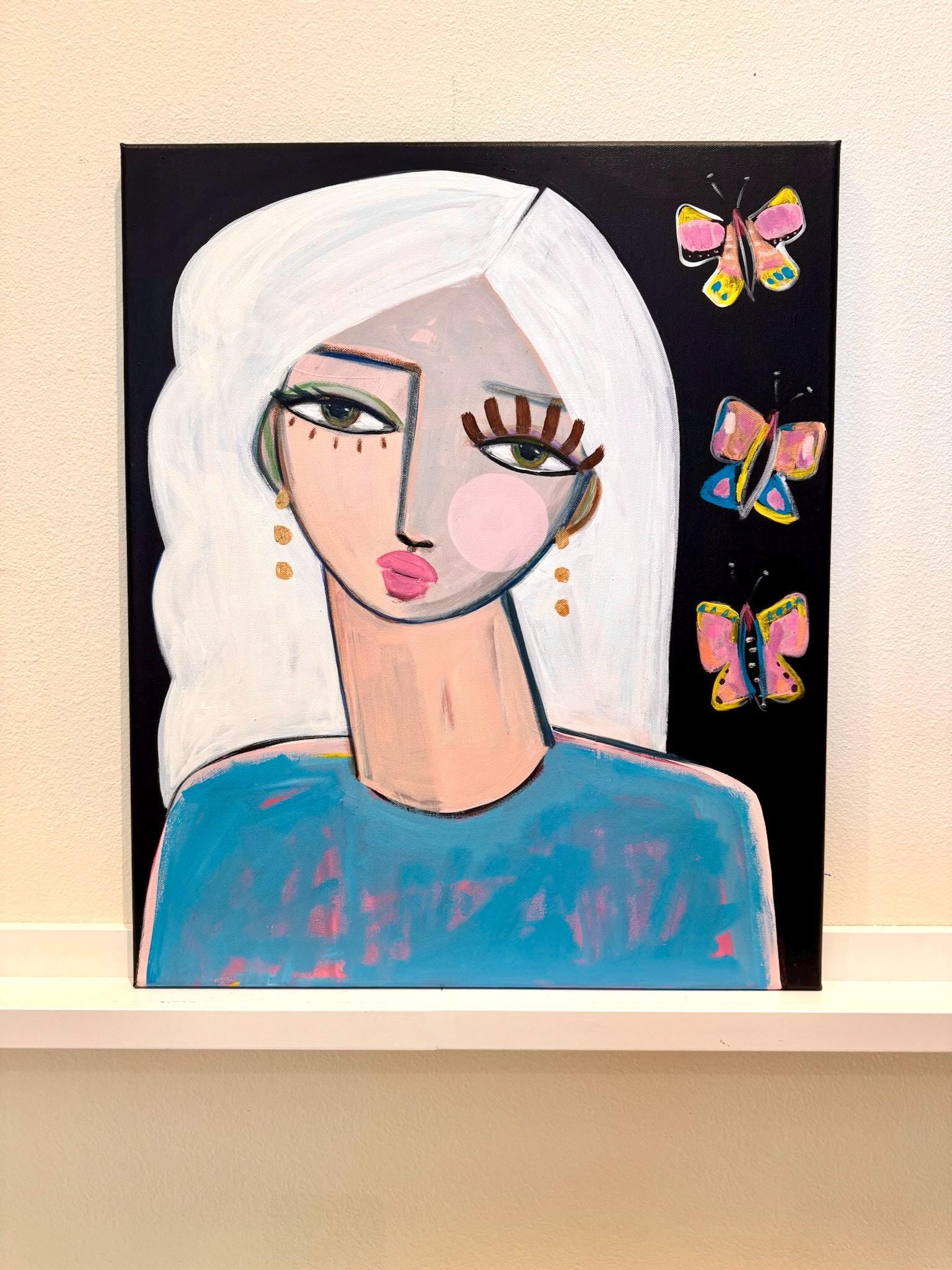 Abstract Woman Portrait Painting: Colorful Butterflies, Modern Acrylic Canvas Art
