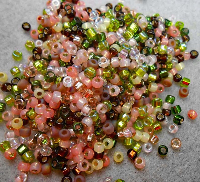 80 Miyuki and Toho Seed Bead Mix PinkGreenBrownSalmon 0090 25 grams