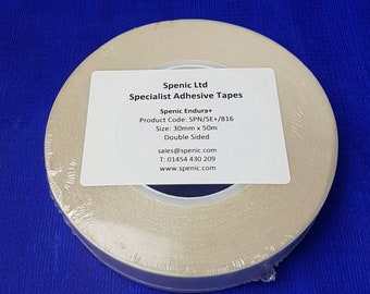 May include: A roll of double-sided adhesive tape, labelled "Spenic Ltd Specialist Adhesive Tapes Spenic Endura+ Product Code: SPN/SE+/816 Size: 30mm x 50m Double Sided sales@spenic.com T: 01454 430 209 www.spenic.com"