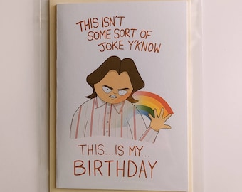 Rik Mayall Birthday Card, Bottom card, BBC, Rainbow, Happy Birthday card