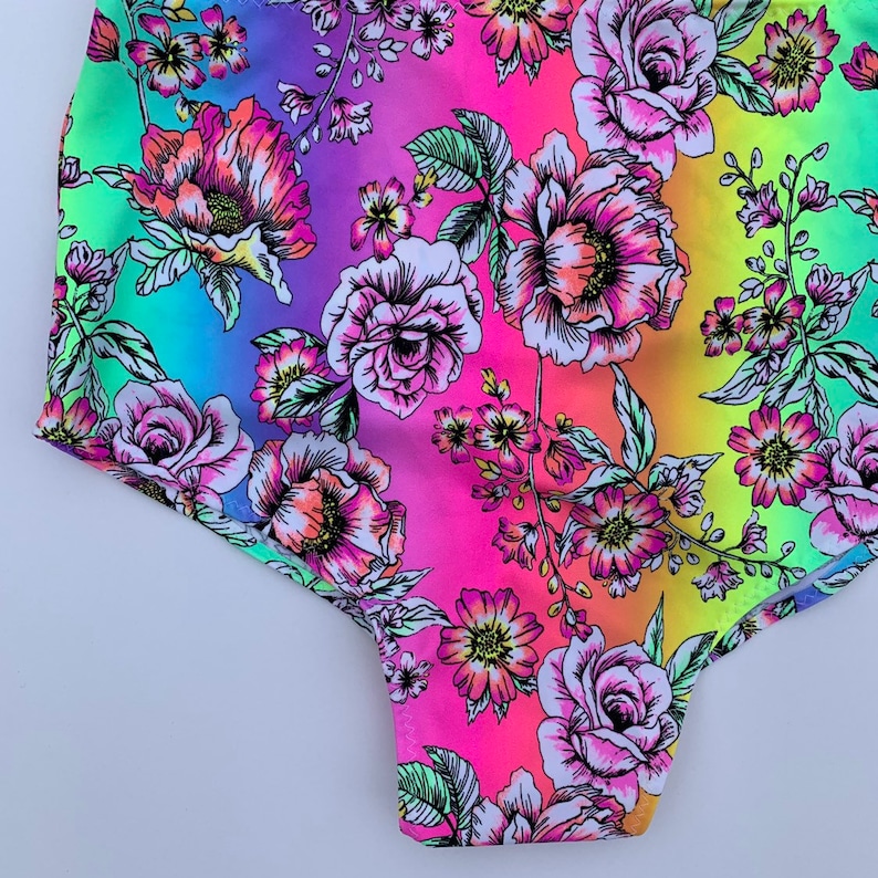 Dance wear edc rave wear swim bottoms UV black light ROSA Rainbow Rose High waist scrunch bottoms Neon colorful floral print