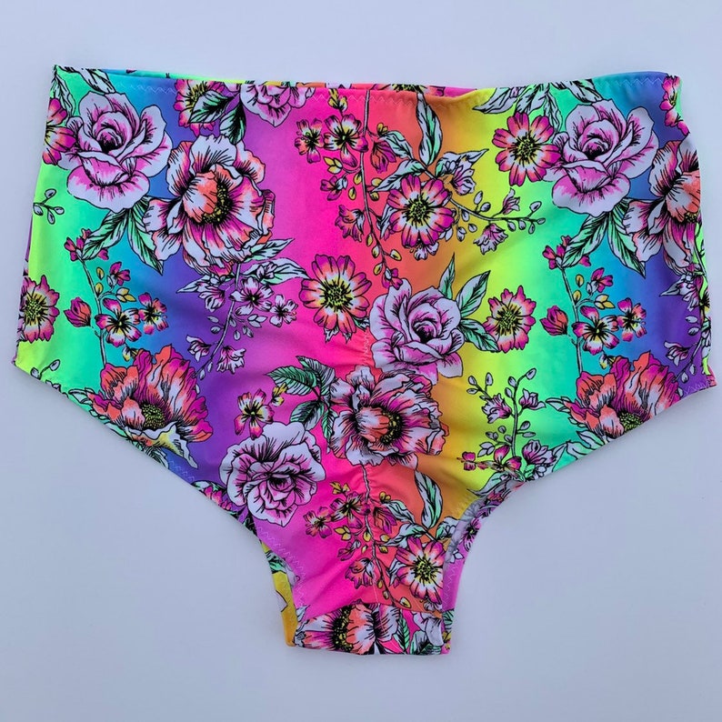 Dance wear edc rave wear swim bottoms UV black light ROSA Rainbow Rose High waist scrunch bottoms Neon colorful floral print