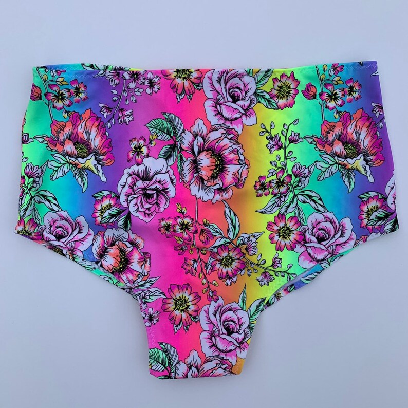 Dance wear edc rave wear swim bottoms UV black light ROSA Rainbow Rose High waist scrunch bottoms Neon colorful floral print