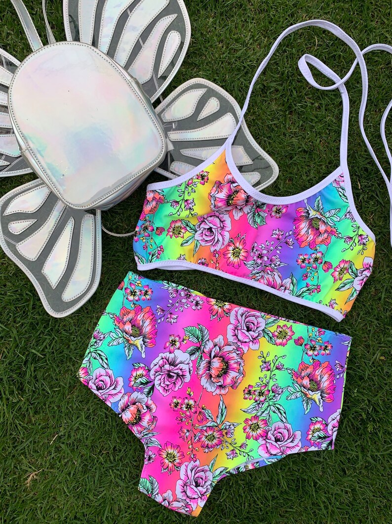 Dance wear edc rave wear swim bottoms UV black light ROSA Rainbow Rose High waist scrunch bottoms Neon colorful floral print