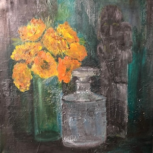 Mid Century Modern 1960s Oil On Canvas Still Life