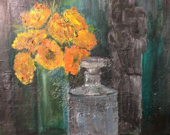 Mid Century Modern 1960s Oil On Canvas Still Life