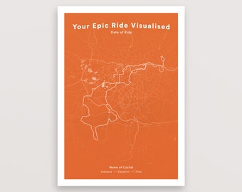 May include: An orange poster with a white border displays a white map design. The text "Your Epic Ride Visualised" is at the top, with "Date of Ride" below. The bottom has "Name of Cyclist" and details for distance, elevation, and time.